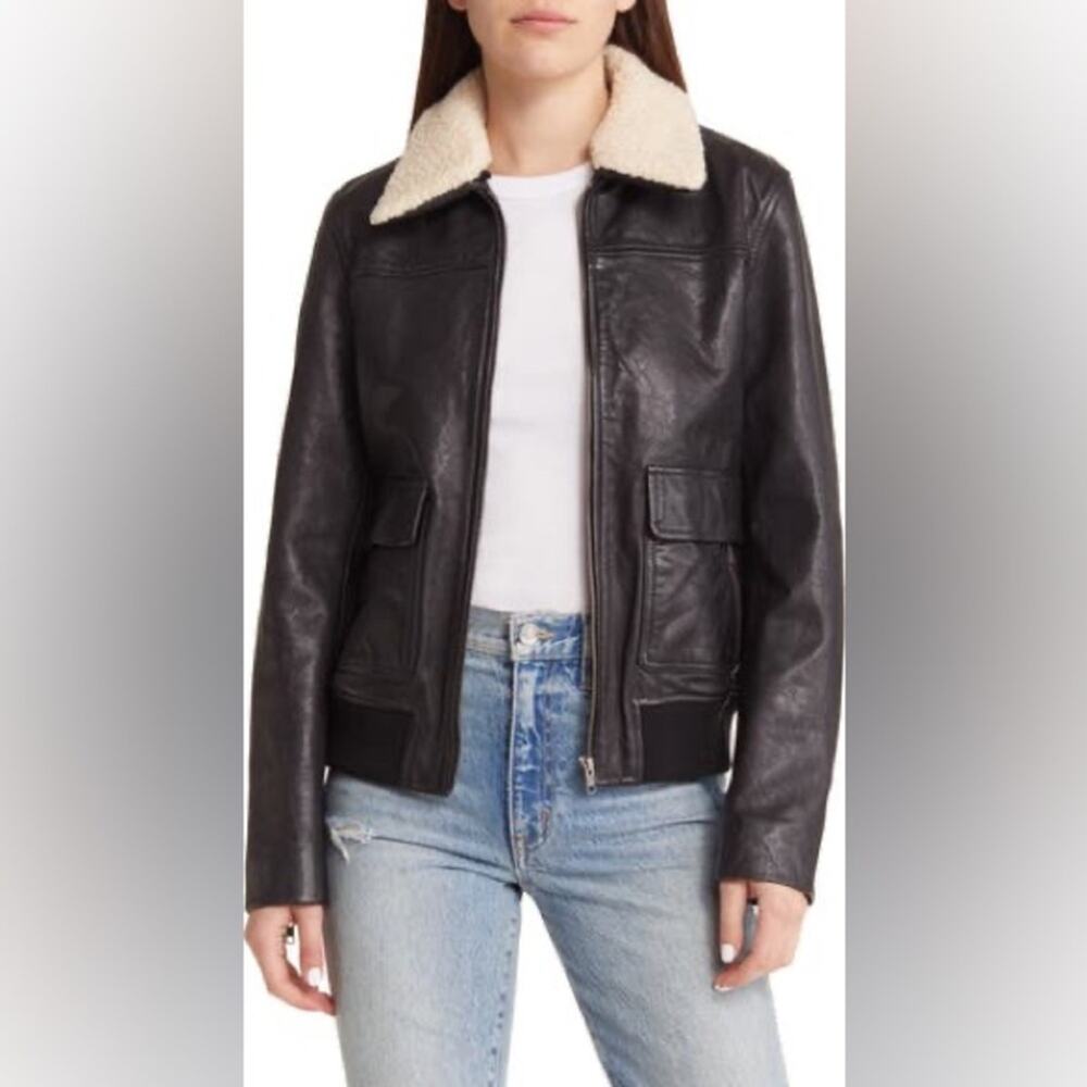 Treasure & Bond Leather Bomber Jack with Removable Faux Shearling Trim N…
